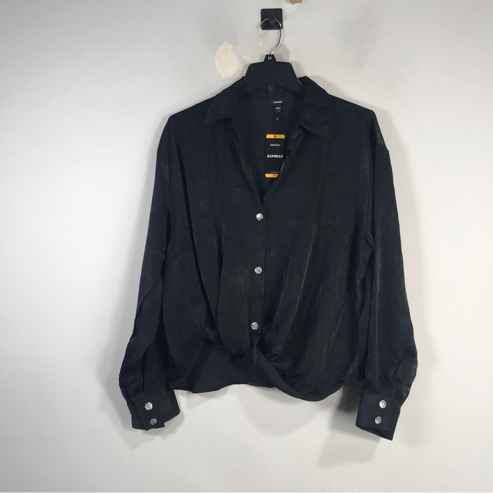 Express Satin Long Sleeve Button Up Shirt, Women's Size M - Black - Picture 1 of 9